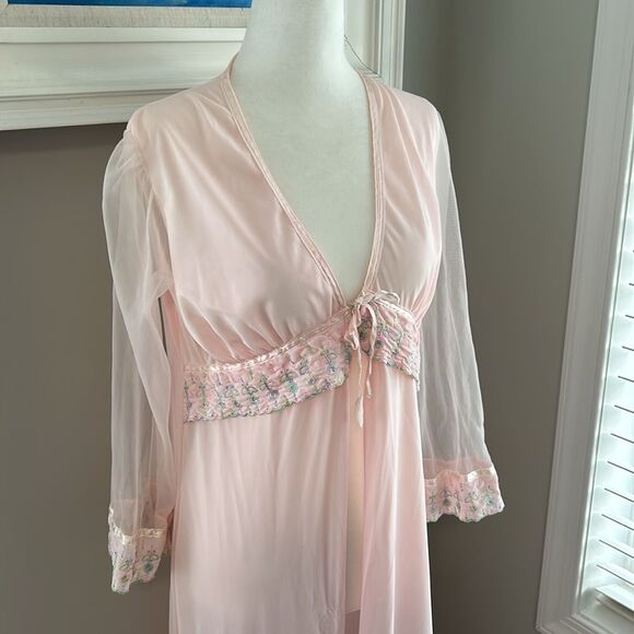 Vintage Other - Vintage Sheer Pink Embroidered Spring Floral Sexy Robe